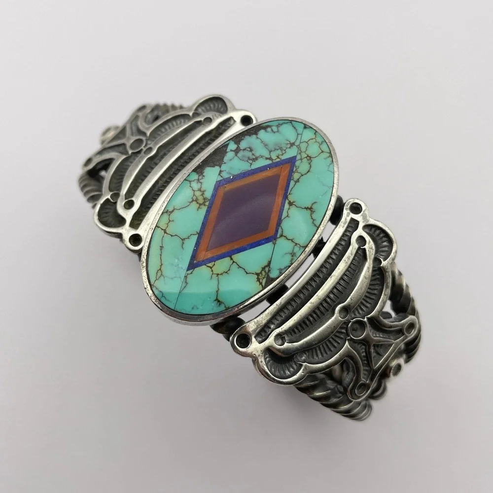 Vintage Navajo Ray Tracey & Knifewing Segura Sterling Silver Inlay Cuff Bracelet - Picture 11 of 16